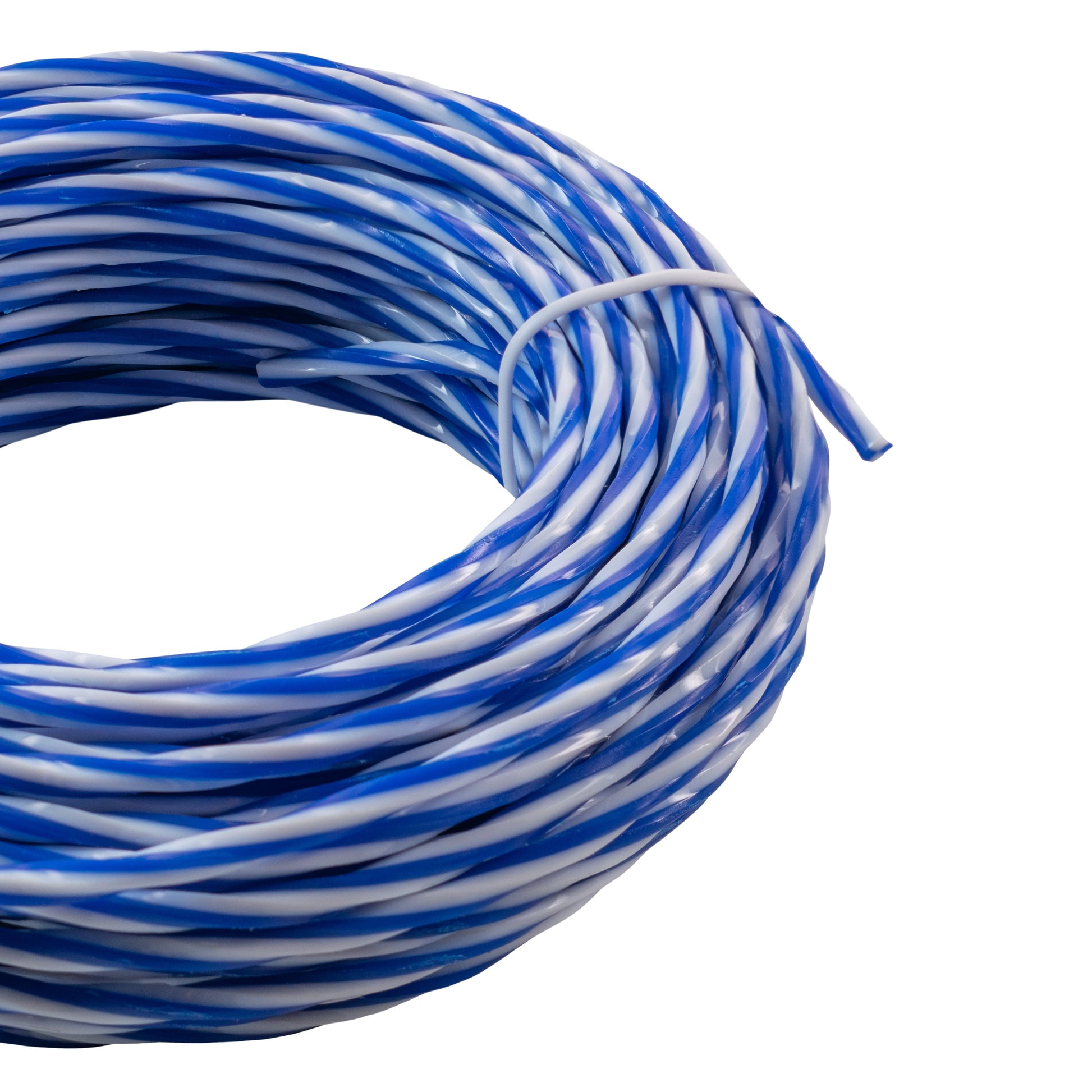 Blue and white strimmer line coil, tied bundle with loose end