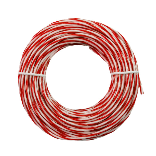 Red and white striped strimmer line coil, looped with white ties