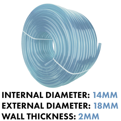 Clear PVC pipe coil, internal 14mm bore, external 18mm diameter, 2mm wall thickness