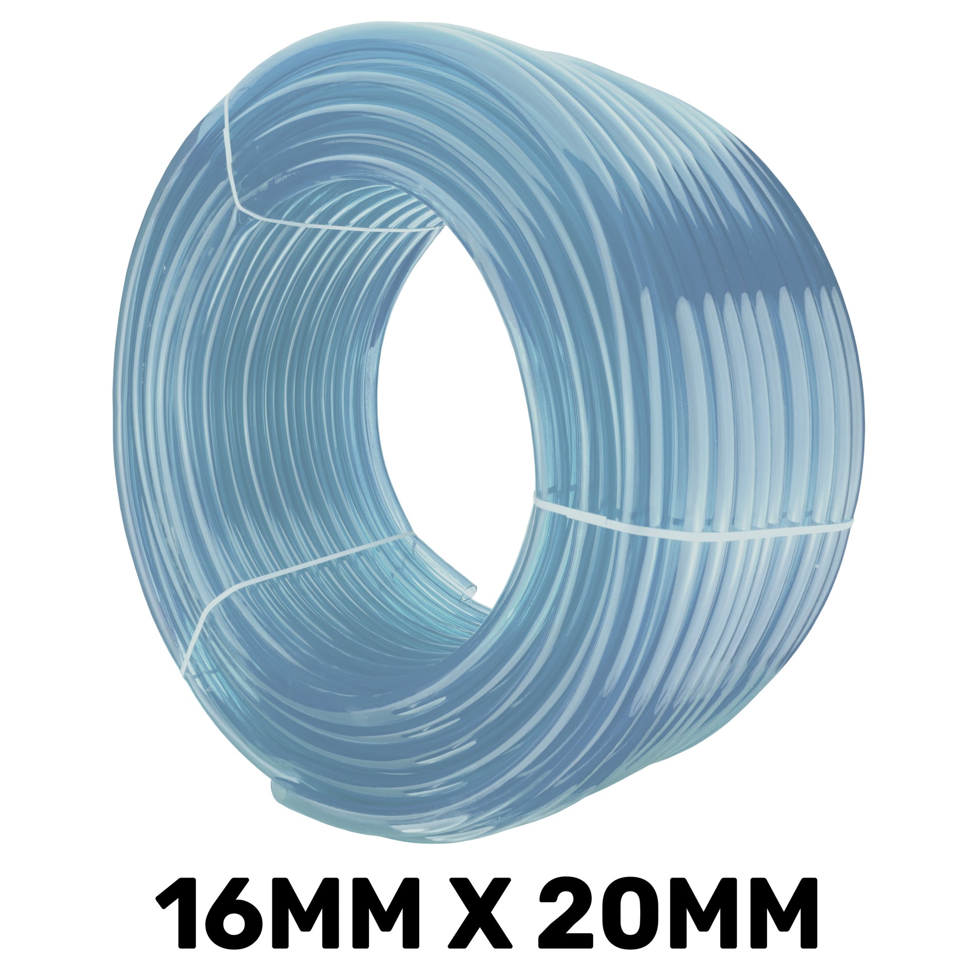 Clear PVC pipe coil, 16mm x 20mm, 2mm wall, light blue tinted tubing rolled up
