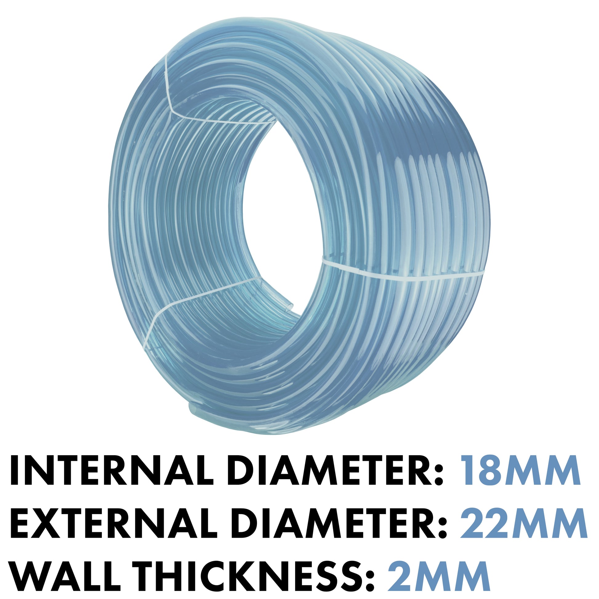 Clear PVC pipe dimensions: internal 18mm, external 22mm, wall 2mm