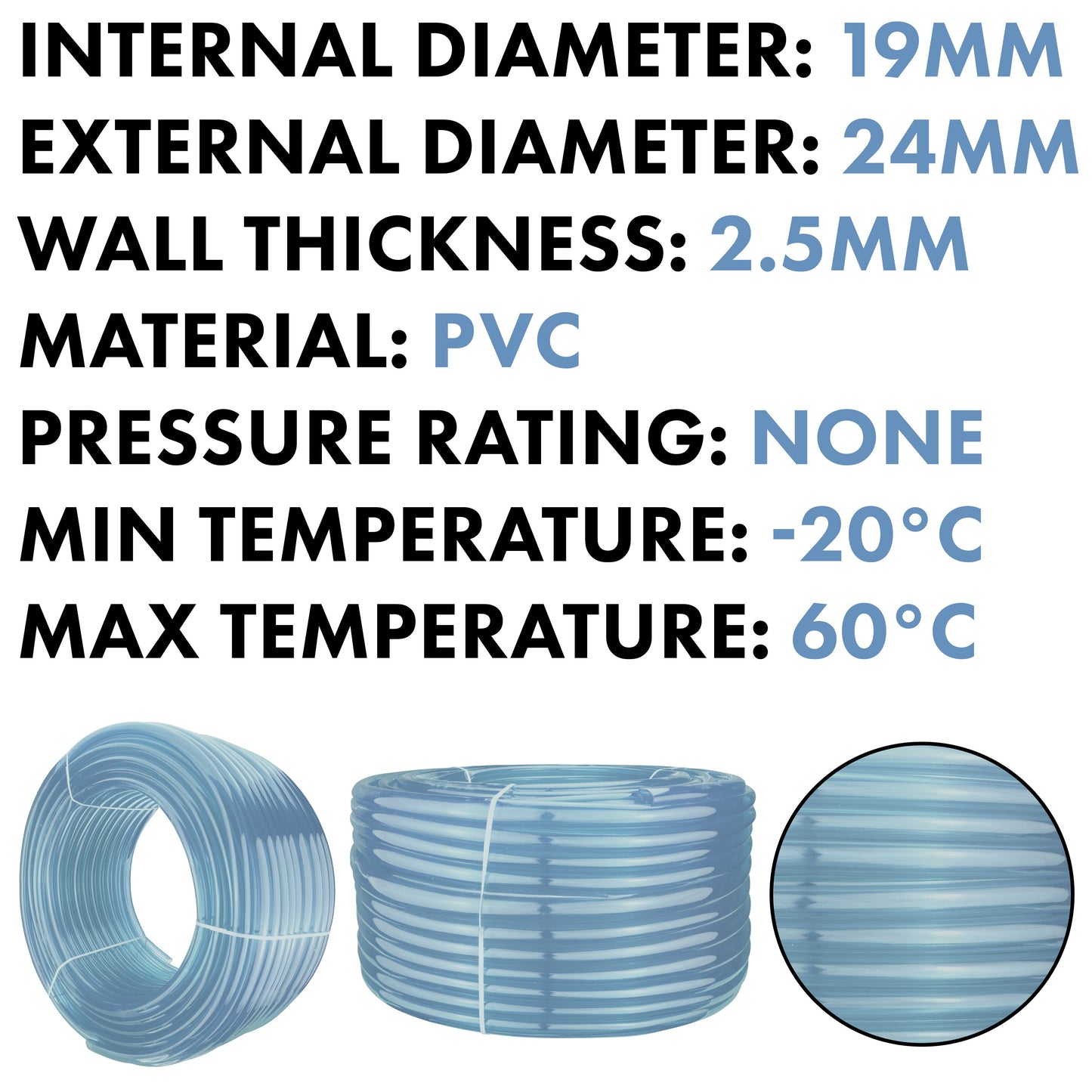 PVC pipe roll specs: internal 19mm, external 24mm, wall 2.5mm, clear