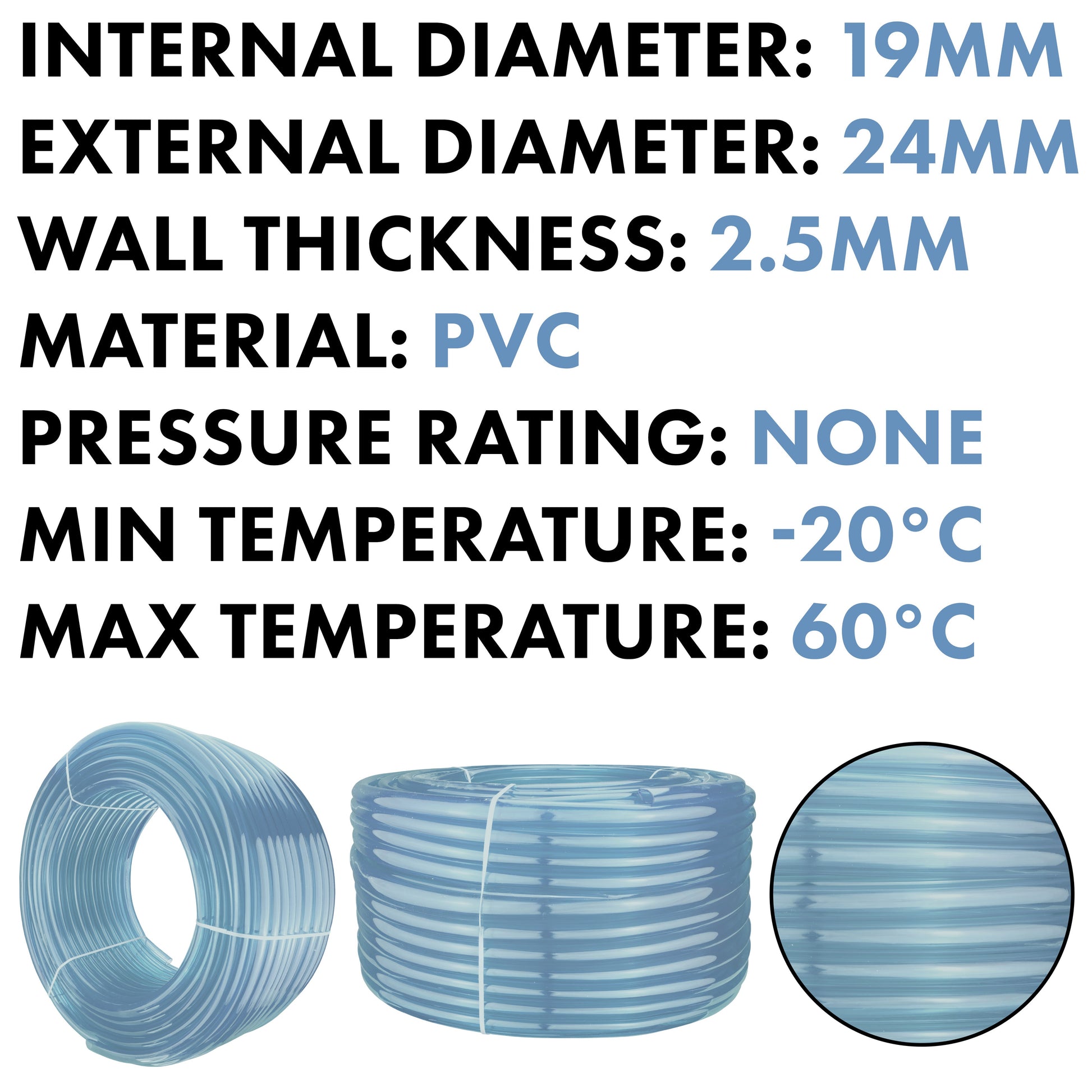 PVC pipe roll specs: internal 19mm, external 24mm, wall 2.5mm, clear