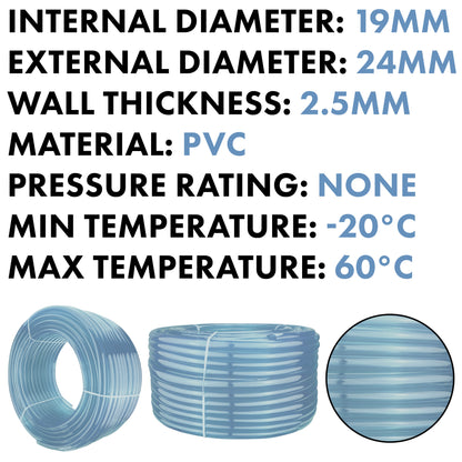 PVC pipe roll specs: internal 19mm, external 24mm, wall 2.5mm, clear