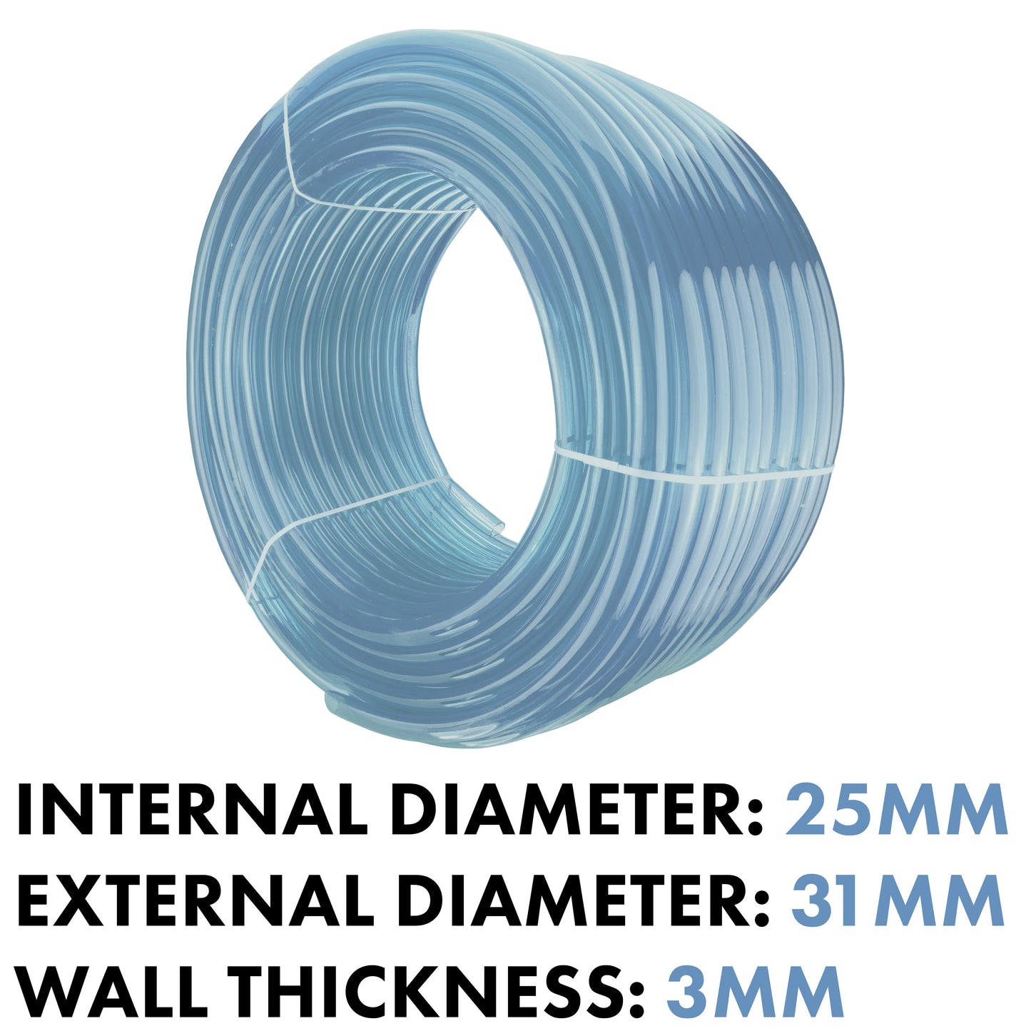 Clear PVC pipe coil with center opening; 25mm x 31mm, 3mm wall