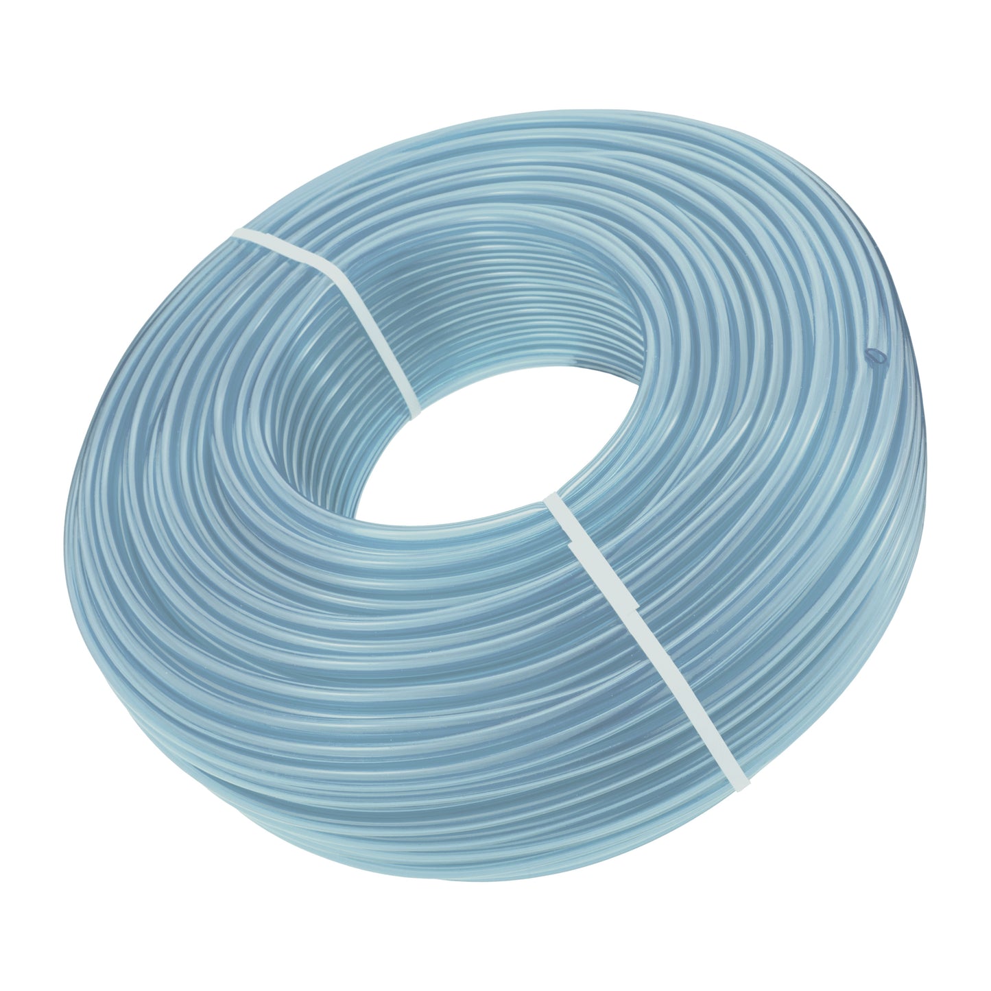 Clear PVC pipe coil on reel with strap, light-blue tube, 4mm x 6mm