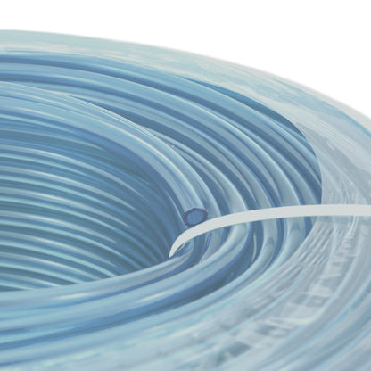 Close-up of clear PVC pipe coil rings, showing inner curve and strap, 4mm x 6mm