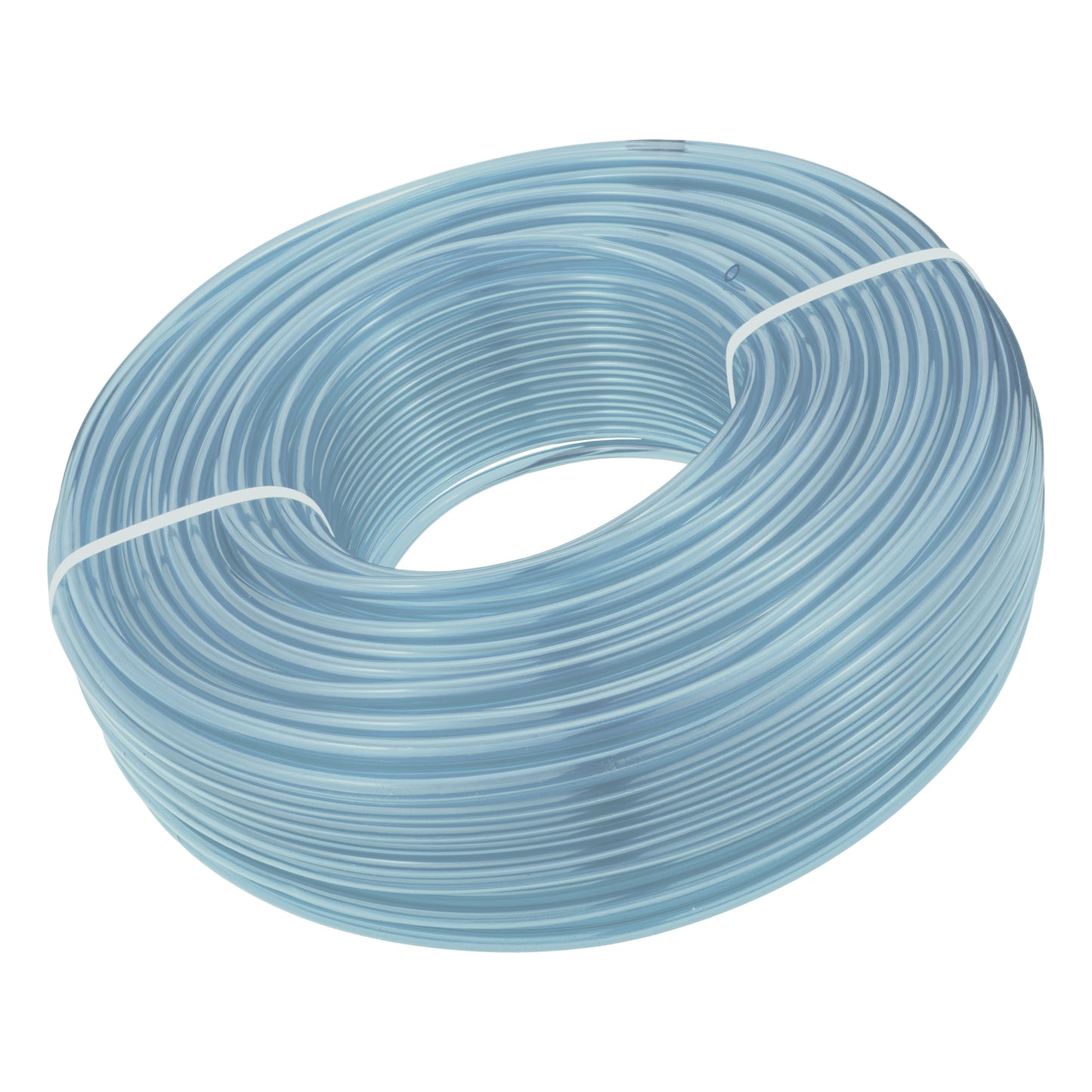 Clear PVC pipe coil, light blue tint, smooth tubing loops, 6mm x 8mm size