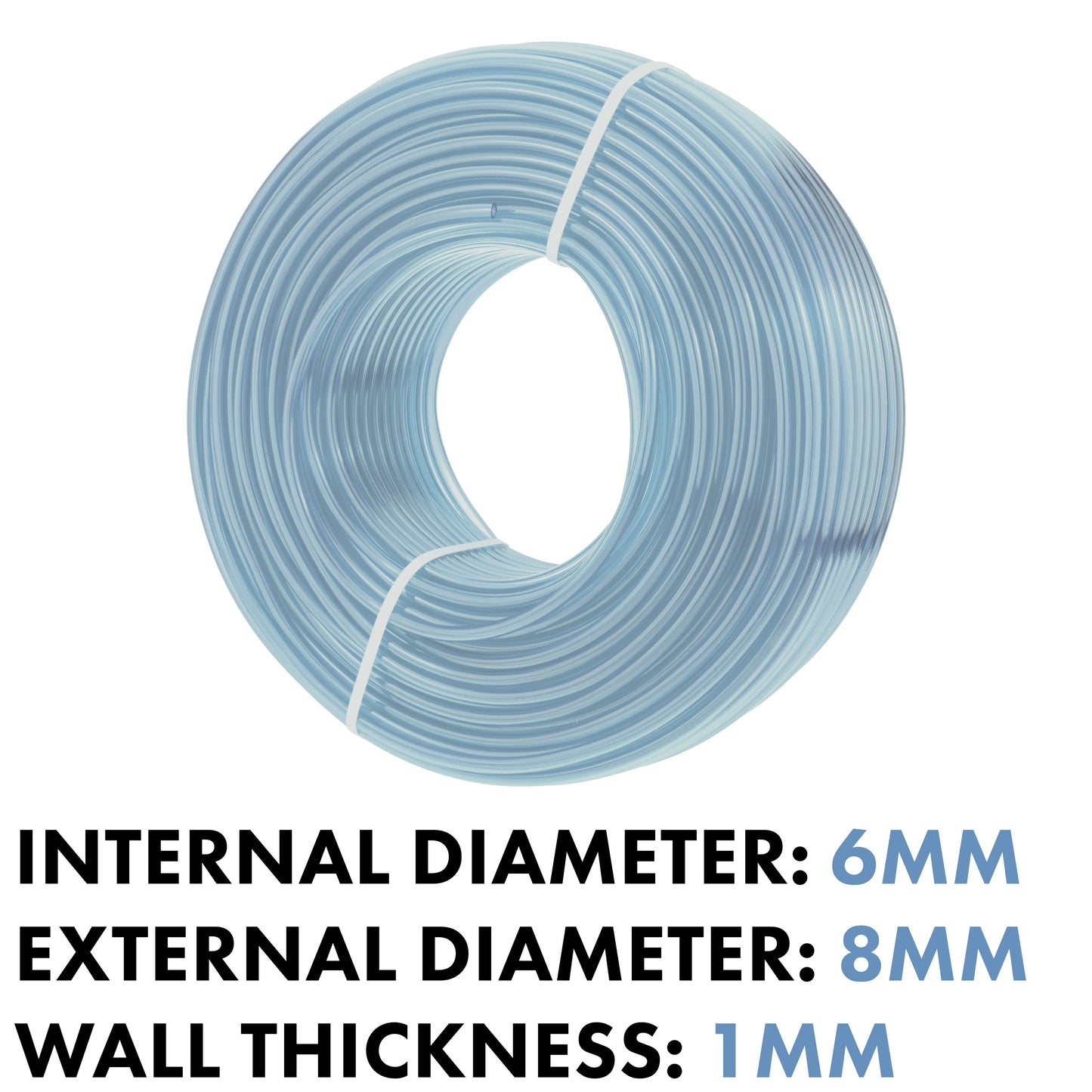 Clear PVC pipe coil showing internal 6mm and external 8mm diameter, on spool