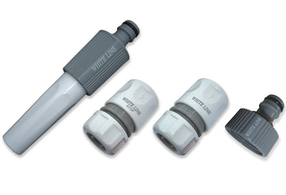 Nozzle and hose couplings set: grey-and-white connectors with ribbed grip sleeves
