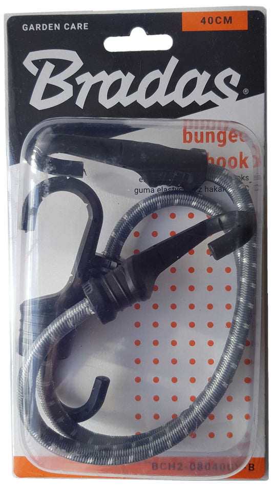 40cm bungee cord hook with PVC-coated metal hooks: black hooks, silver braided cord