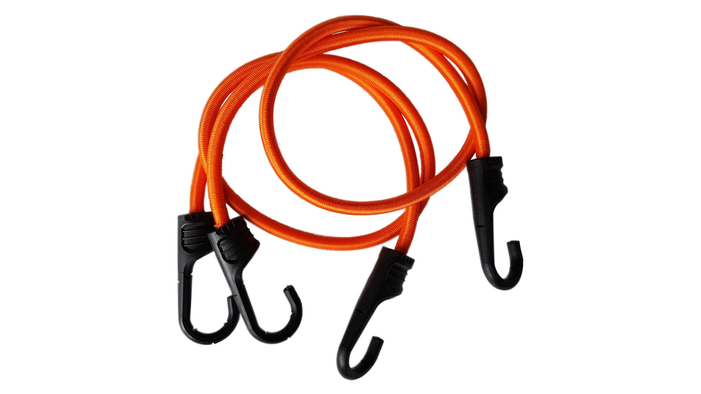 Orange bungee cord with black metal hooks (3 hooks) and PVC-coated ends