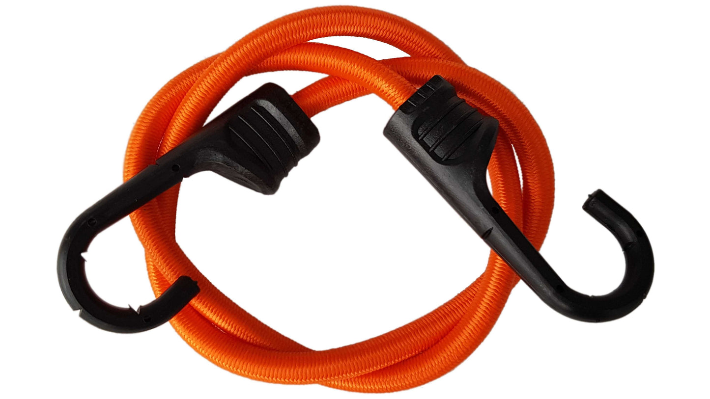 Orange bungee cord with black metal hooks and PVC coating, curved hook ends