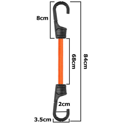 Bungee cord with black hooks—dimension diagram with orange cord length markers
