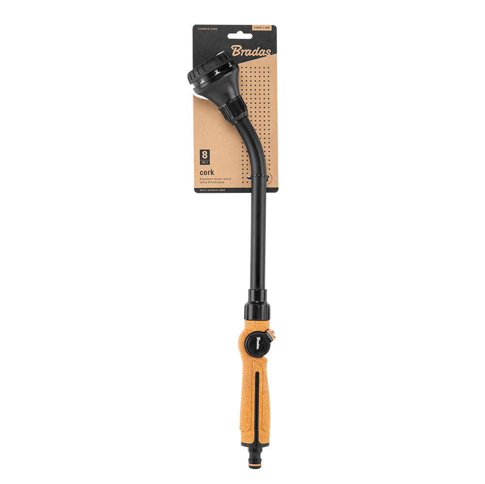 8-function watering lance with orange cork-line handle and packaging card