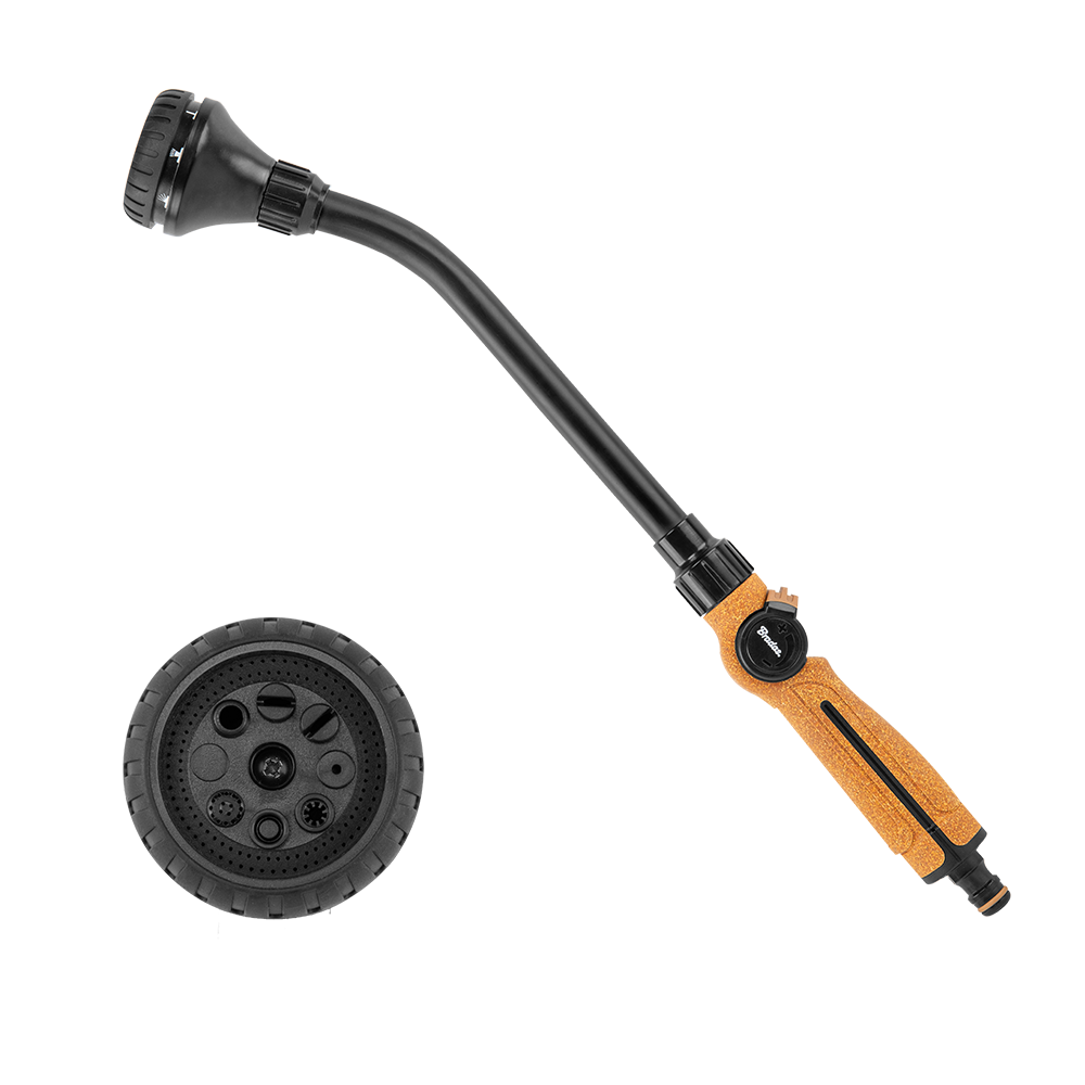 8-function watering lance, black shower head, orange cork handle, 47cm