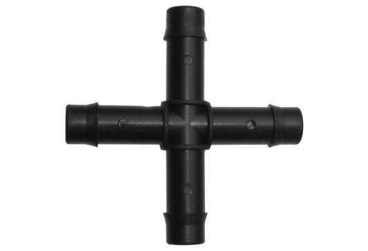 Antelco Cross 13mm barb fitting, black plastic cross connector with four barbs