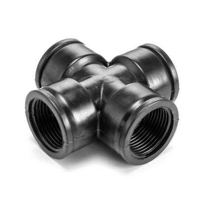 PP Cross 1" BSPF four-way fitting, dark plastic, threaded ports