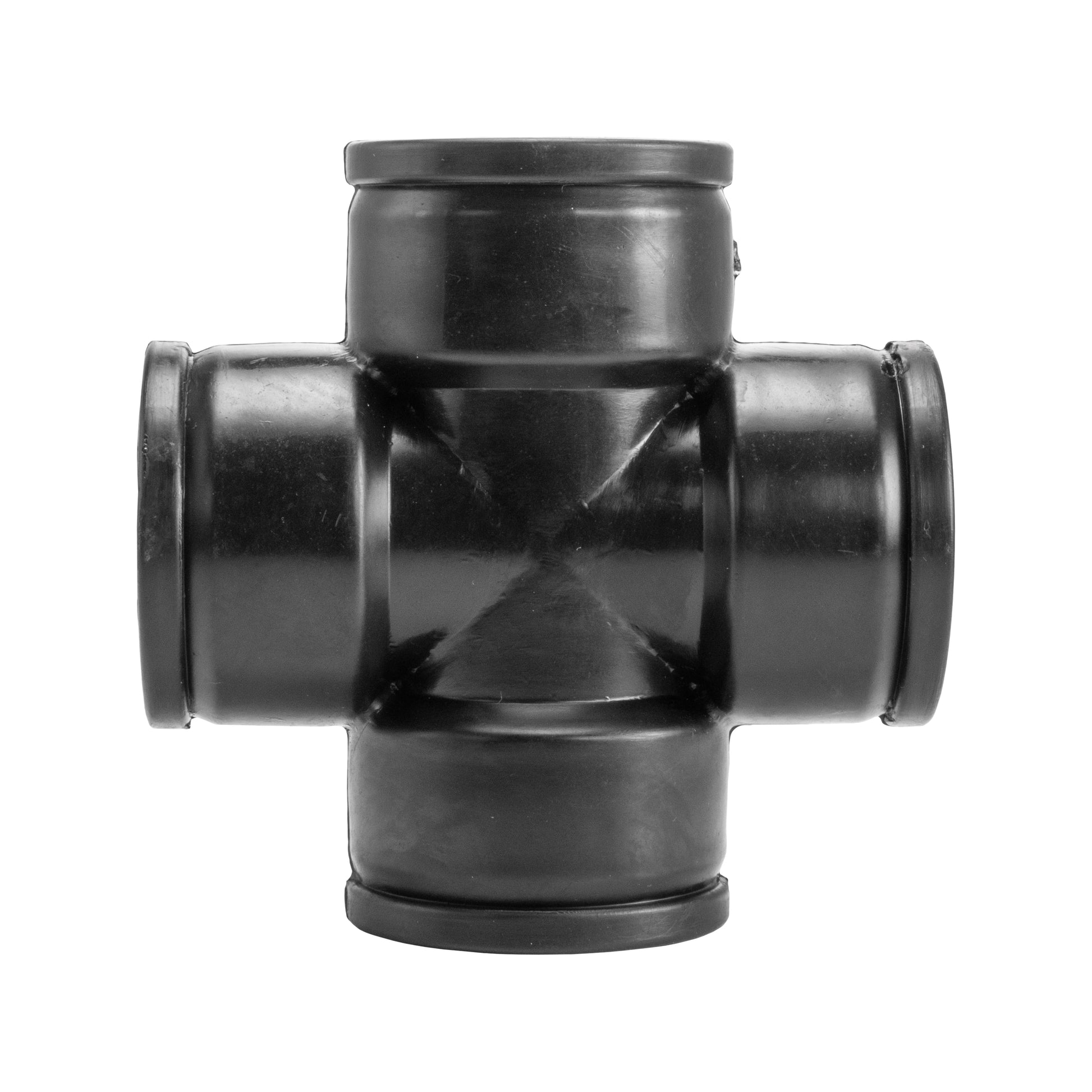 PP cross fitting, 2" BSPF connector, dark plastic with four ports