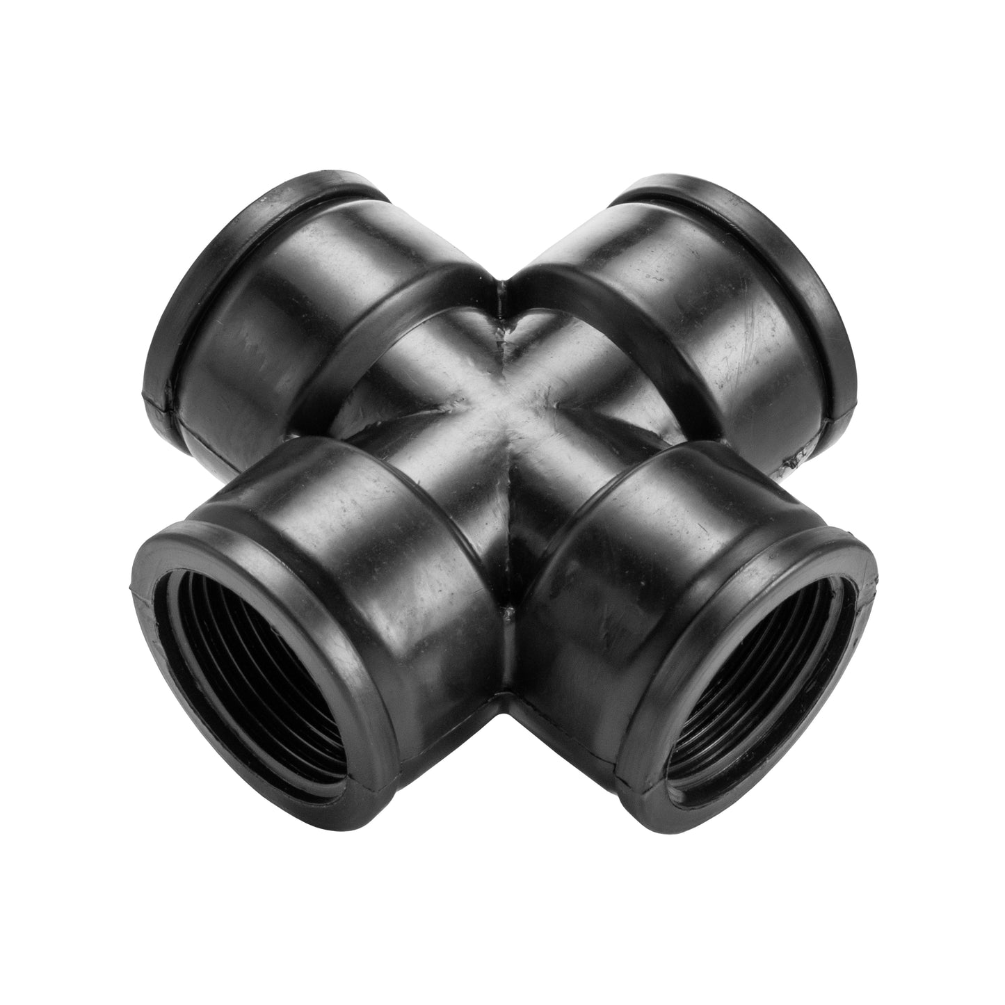 PP cross fitting in dark plastic, with two visible 2" BSPF threaded openings