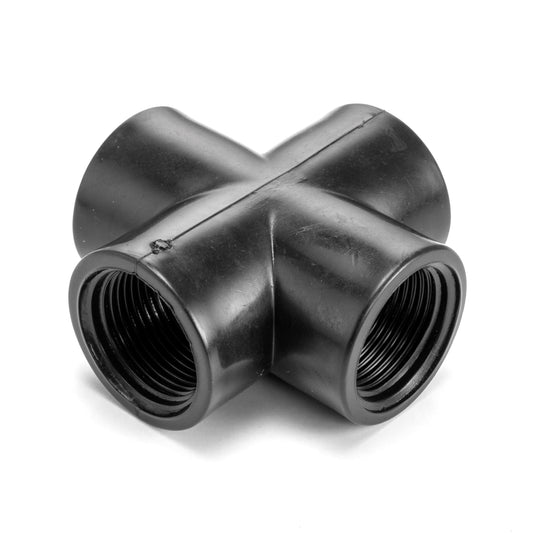 3/4" PP cross BSPF fitting, black plastic, two threaded outlet ends