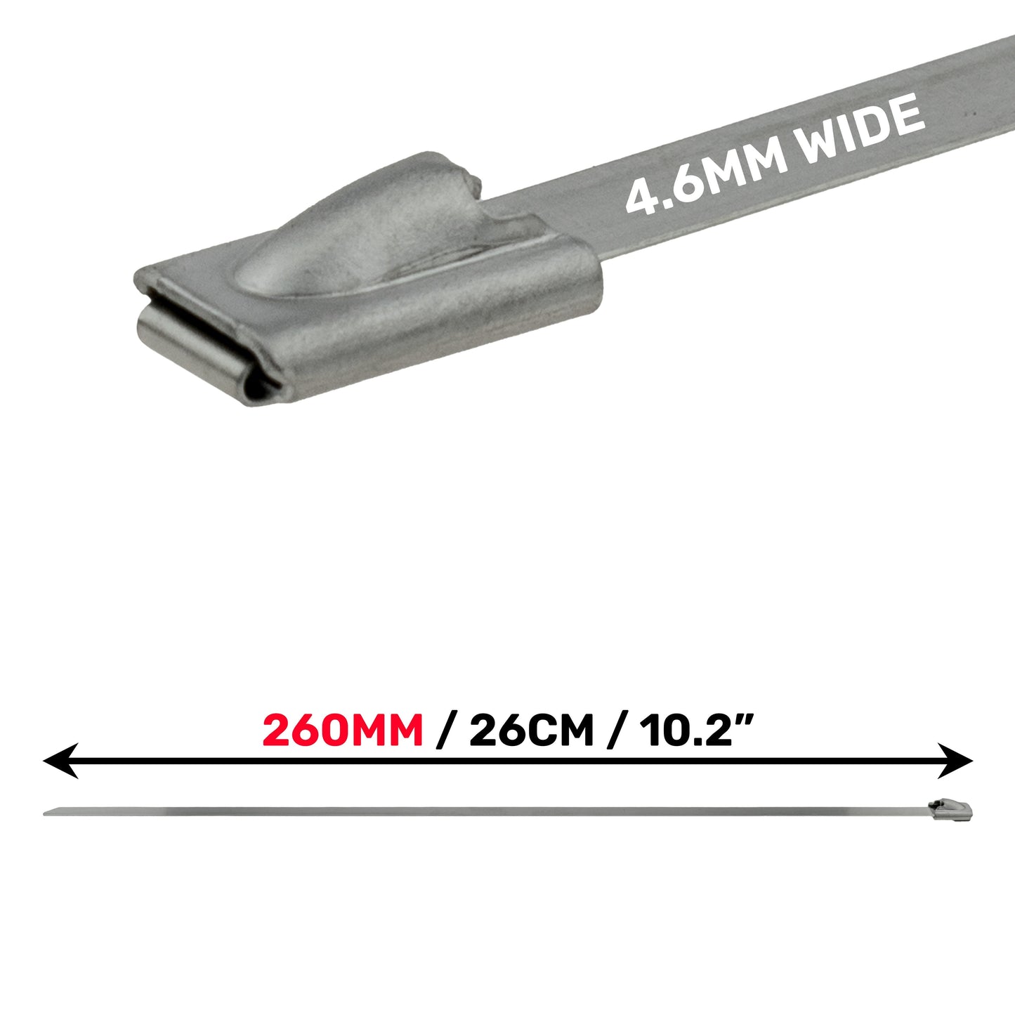 Edelstahl Kabelbinder Kopf mit 4,6 mm Breite, 260 mm Länge, silberfarben