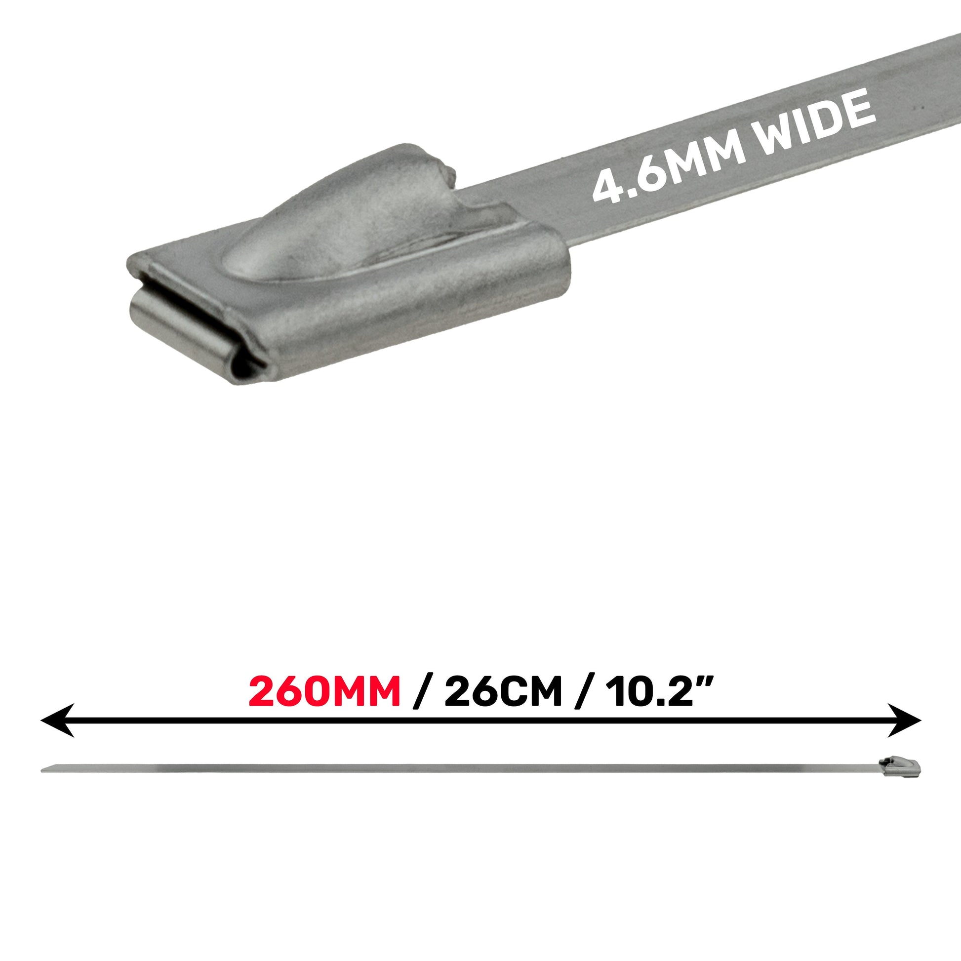 Edelstahl Kabelbinder Kopf mit 4,6 mm Breite, 260 mm Länge, silberfarben