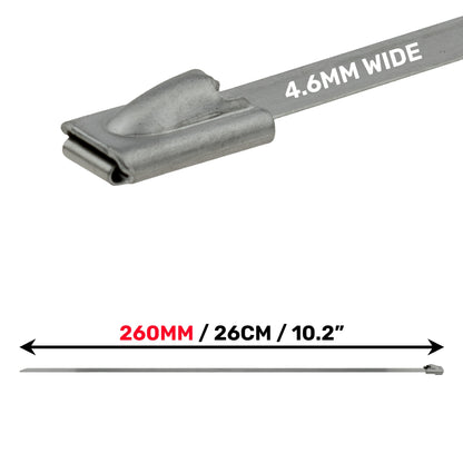 Edelstahl Kabelbinder Kopf mit 4,6 mm Breite, 260 mm Länge, silberfarben