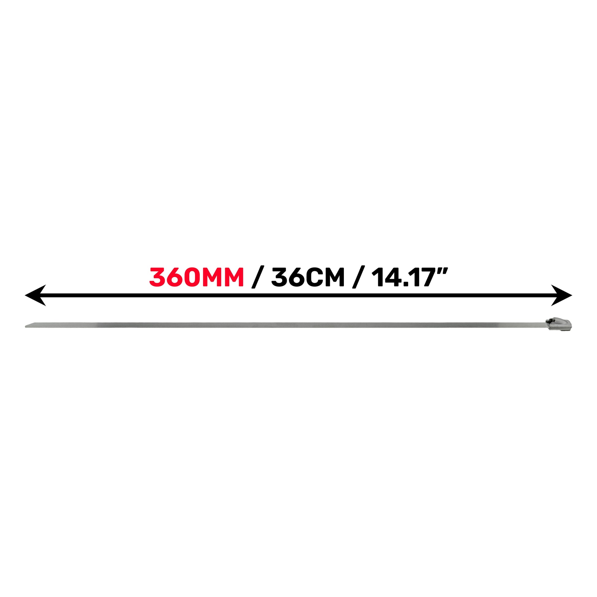 Stainless steel cable tie strip showing 360mm length (36cm) measurement