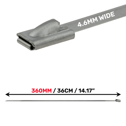Stainless steel cable tie head detail, 4.6mm wide strap, 360mm length