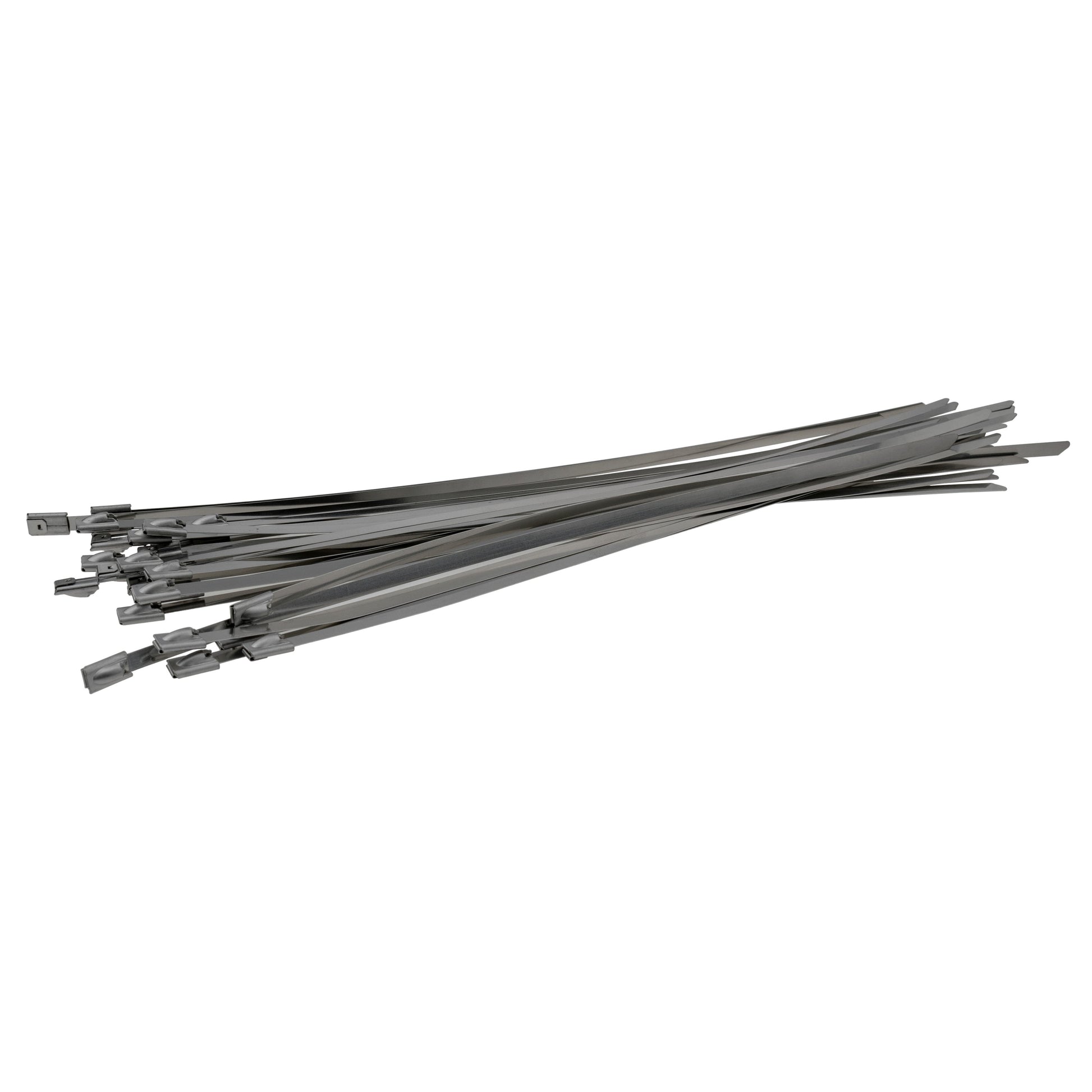 Stainless steel cable ties 4.6mm x 360mm laid out, metal ends visible