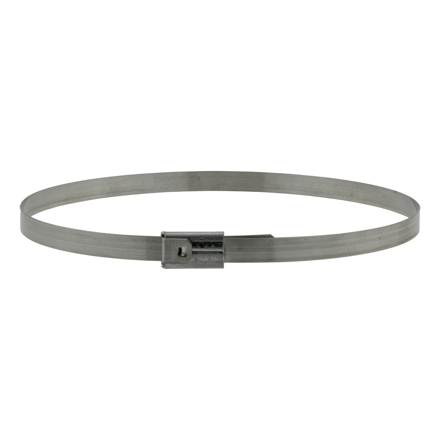 Stainless steel cable tie ring with rectangular locking head centered on band
