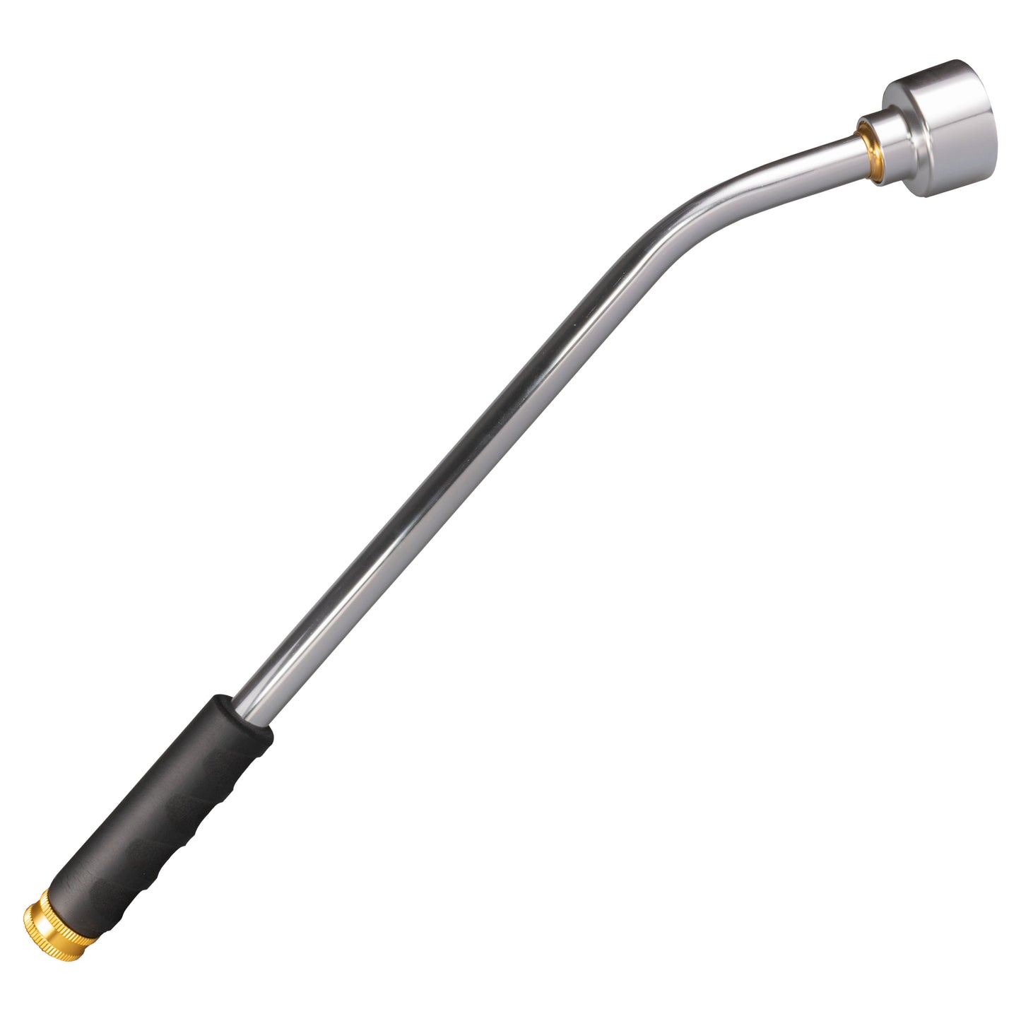 Curved stainless steel watering lance with black grip and spray head connector