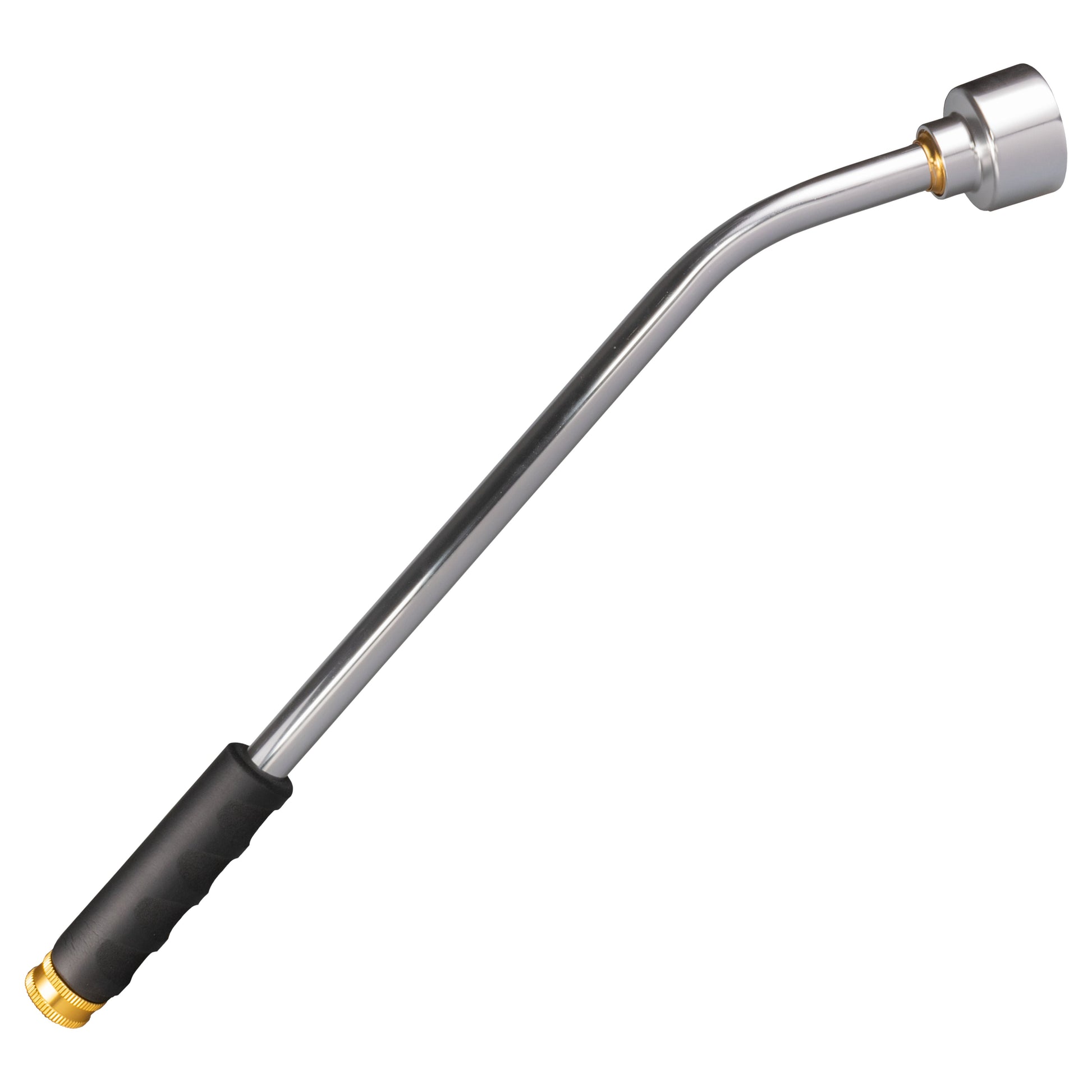Curved stainless steel watering lance with black grip and spray head connector