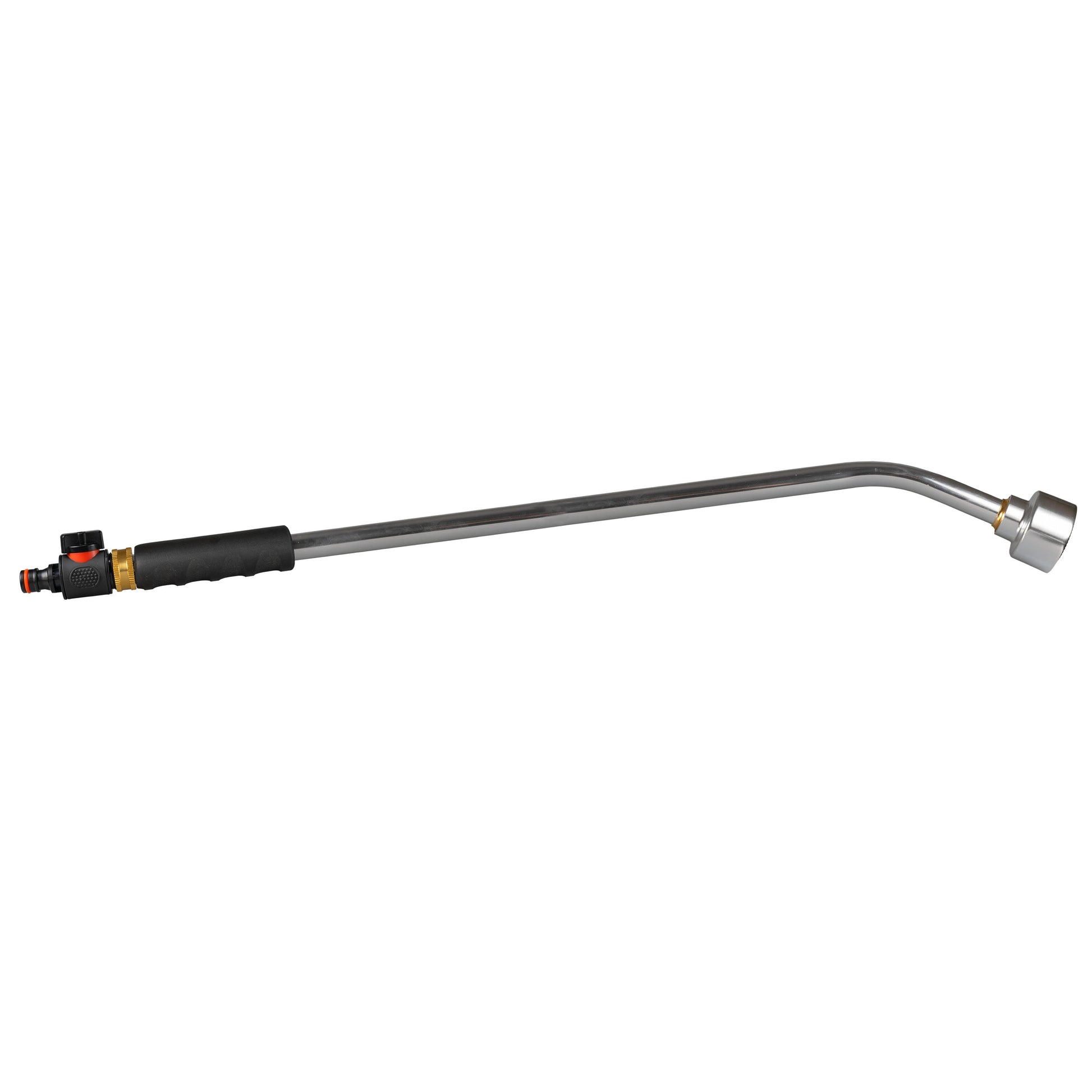 Curved watering lance with black grip and quick-connect fitting on the handle