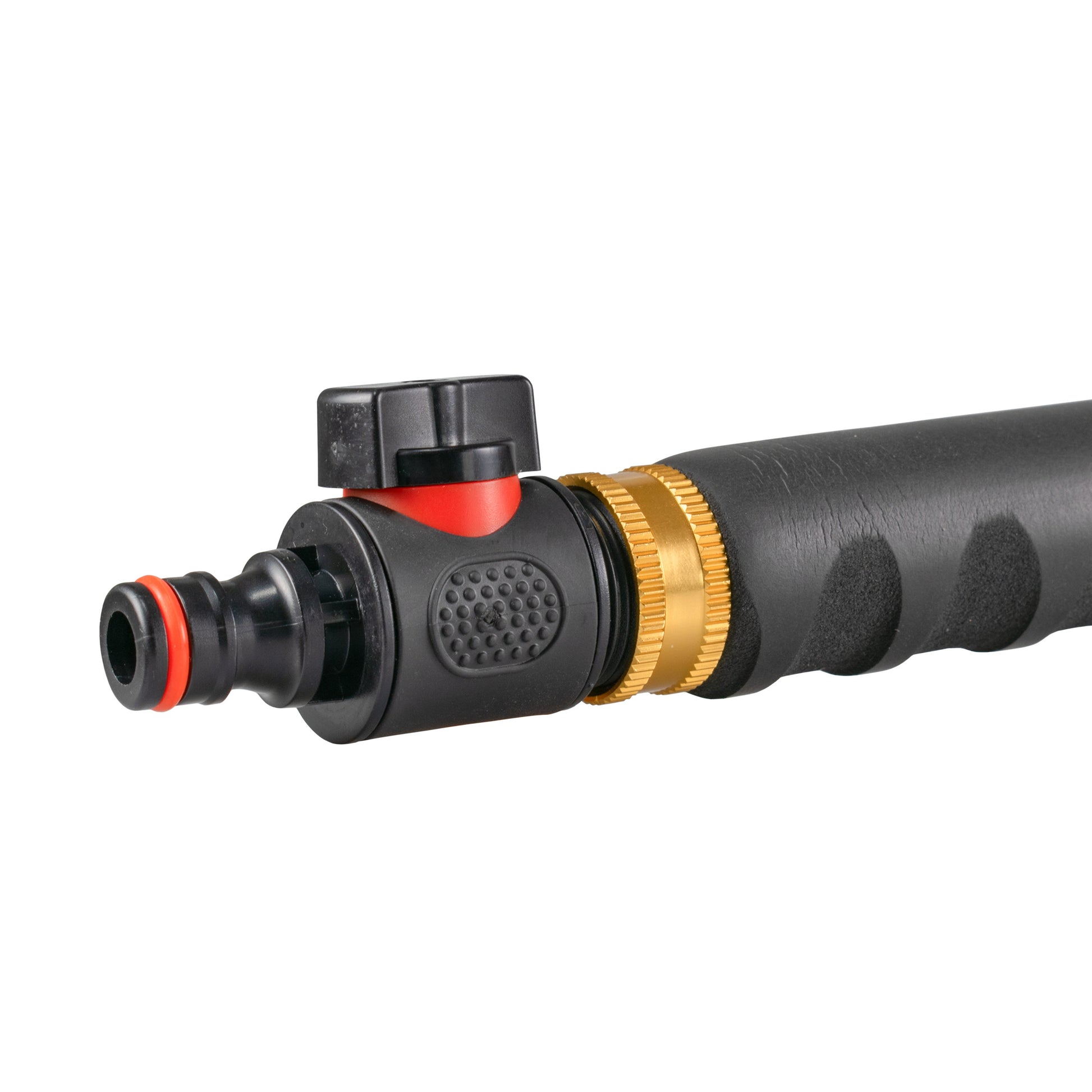 Hozelock-compatible quick connector valve on black watering lance handle