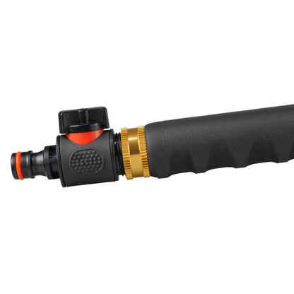 Black quick-connect valve with red insert and ribbed grip on watering lance