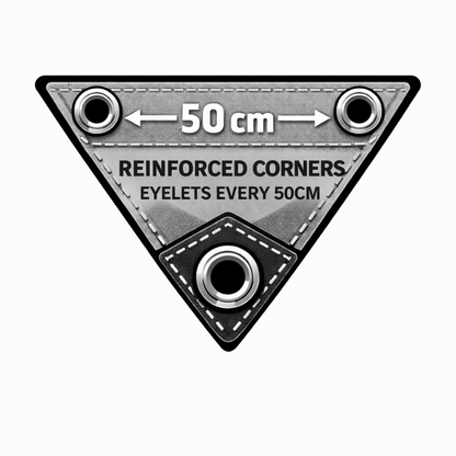 Reinforced triangular tarp corners with 50cm-spaced eyelets and stitching detail