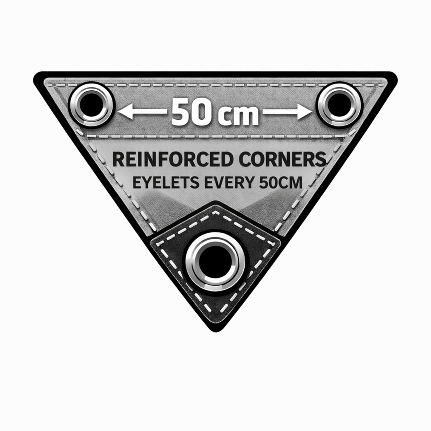 Reinforced tarpaulin corner with metal eyelets, spacing every 50 cm