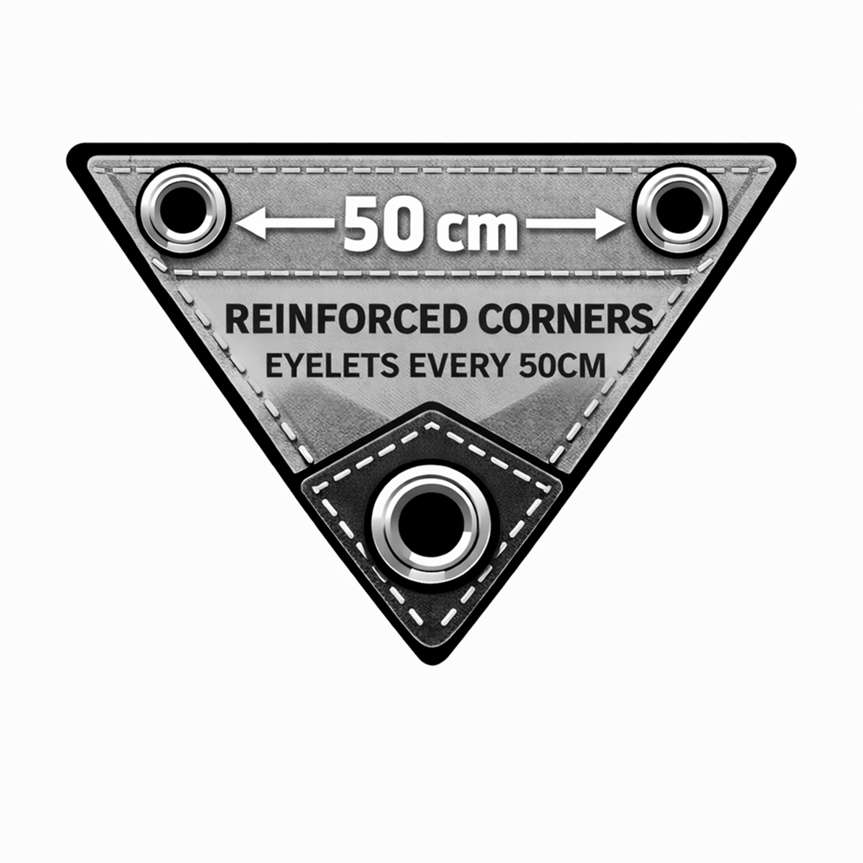 Reinforced tarpaulin corner with metal eyelets, spacing every 50 cm