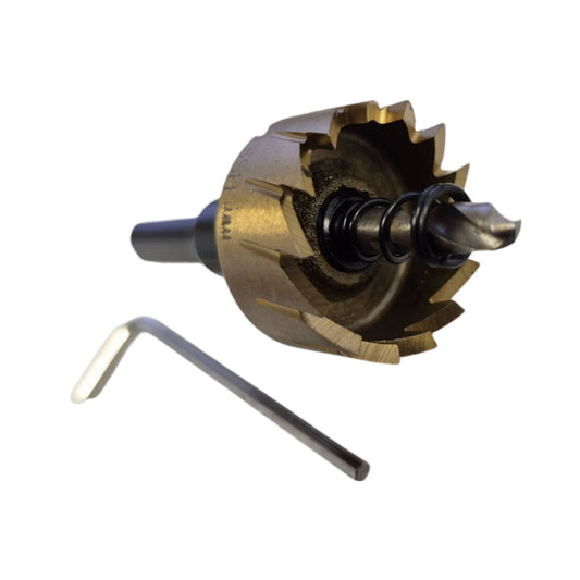 34mm HSS hole saw cutter: gold carbide teeth and black pilot spring bit