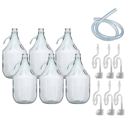 5L glass demijohn set, 6-pack with airlock, bung and tube