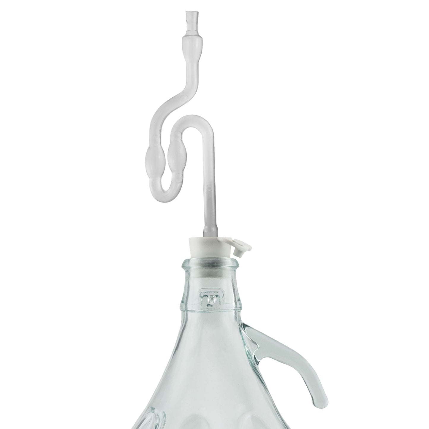 Glass demijohn neck with bung and airlock tube assembly