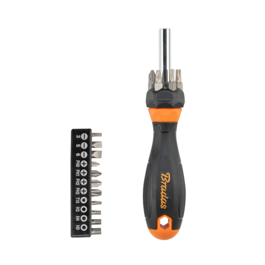 Screwdriver with multi-bit set, black and orange grip and bit holder