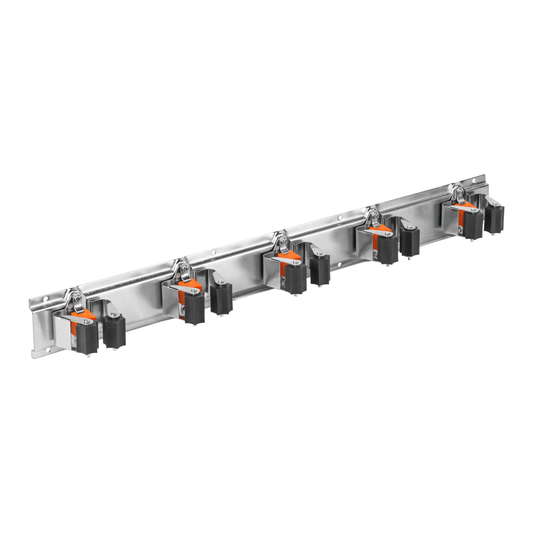 Metal tool holder rail with 5 roller-grip clips and orange release levers