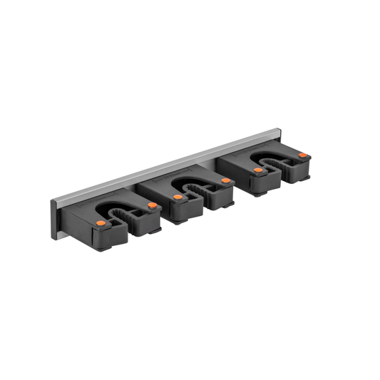 Wall tool holder rail with three gripper handles, black holders and orange caps