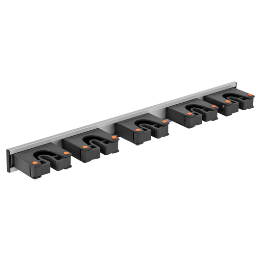 Wall mount tool holder rail with 5 black gripper clips and orange accents