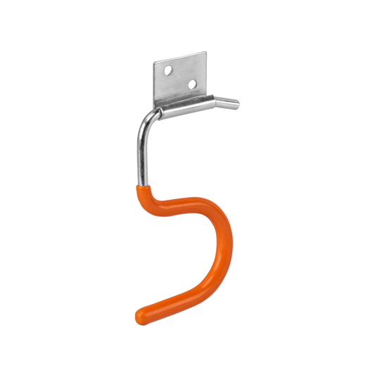 Wall mount tool hook with orange grip and silver metal backplate