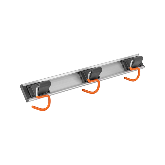 Wall-mounted tool rack rail with 3 orange S hooks and black brackets