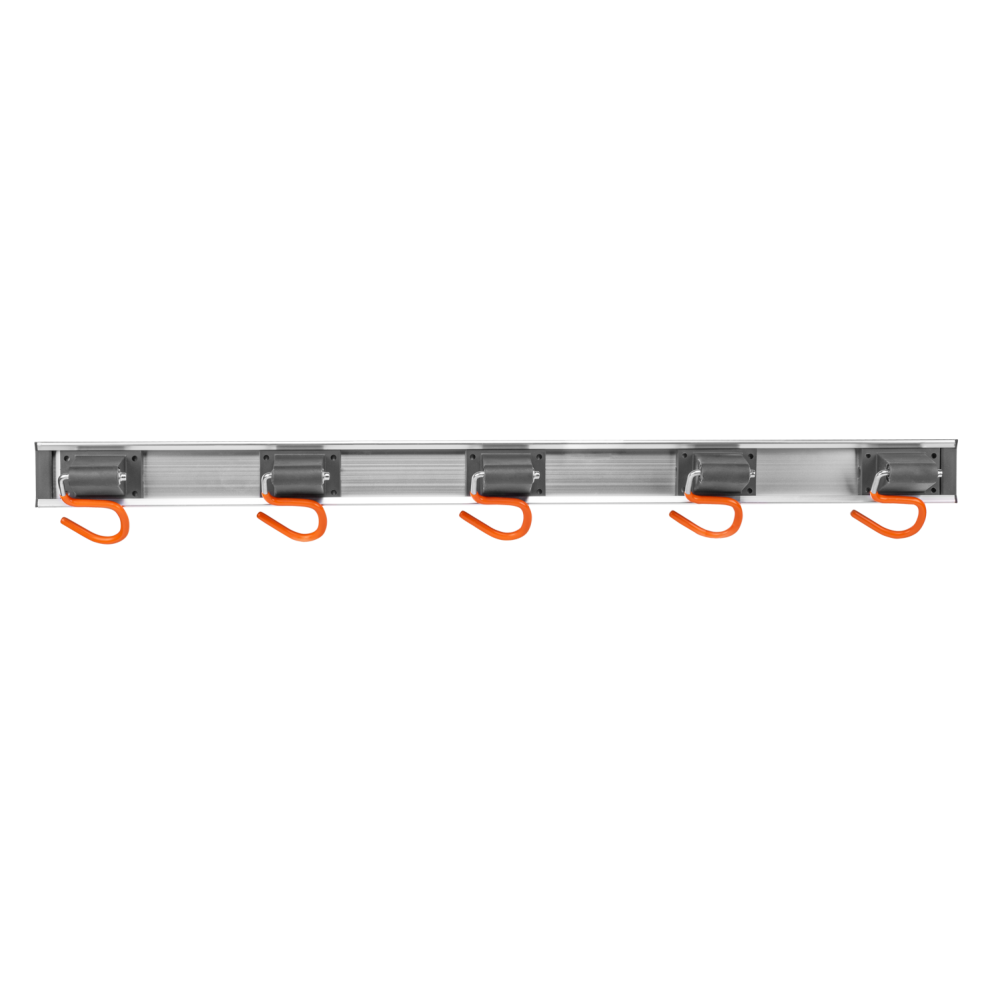 Long metal tool rack rail with 5 evenly spaced orange S hooks